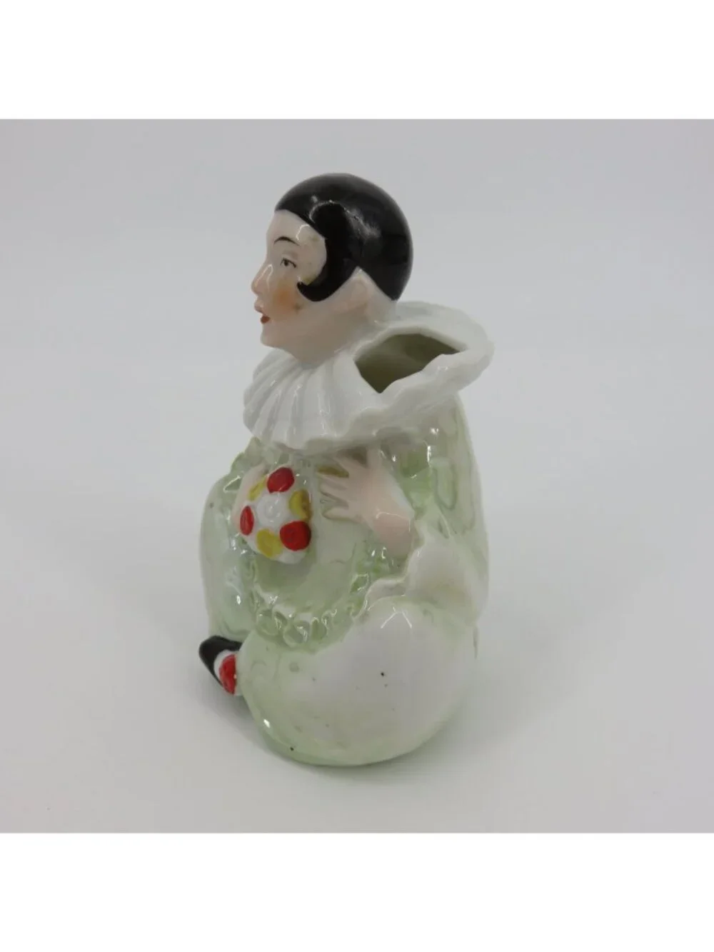 VTG Pierrot Clown Porcelain Double Opening Vase Green Red Yellow Iridescent MCM